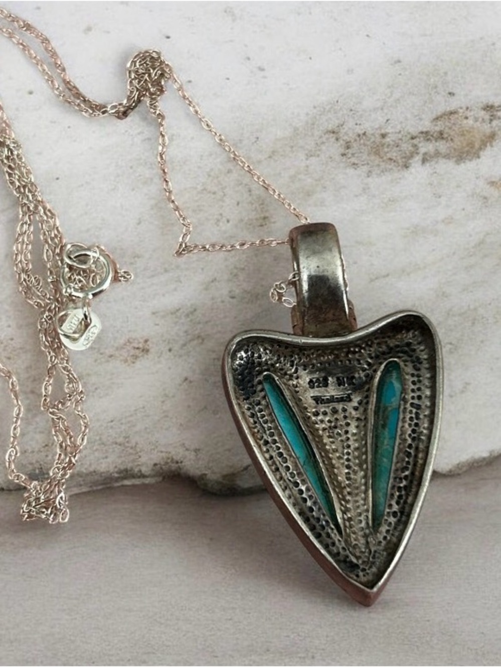 Vintage NK Thailand Sterling Silver 925 Turquoise Heart Arrowhead Necklace - Picture 2 of 5